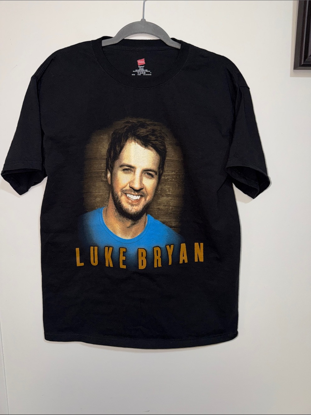 Hanes Black Graphic Tee with Blue Accent and Gold Lettering